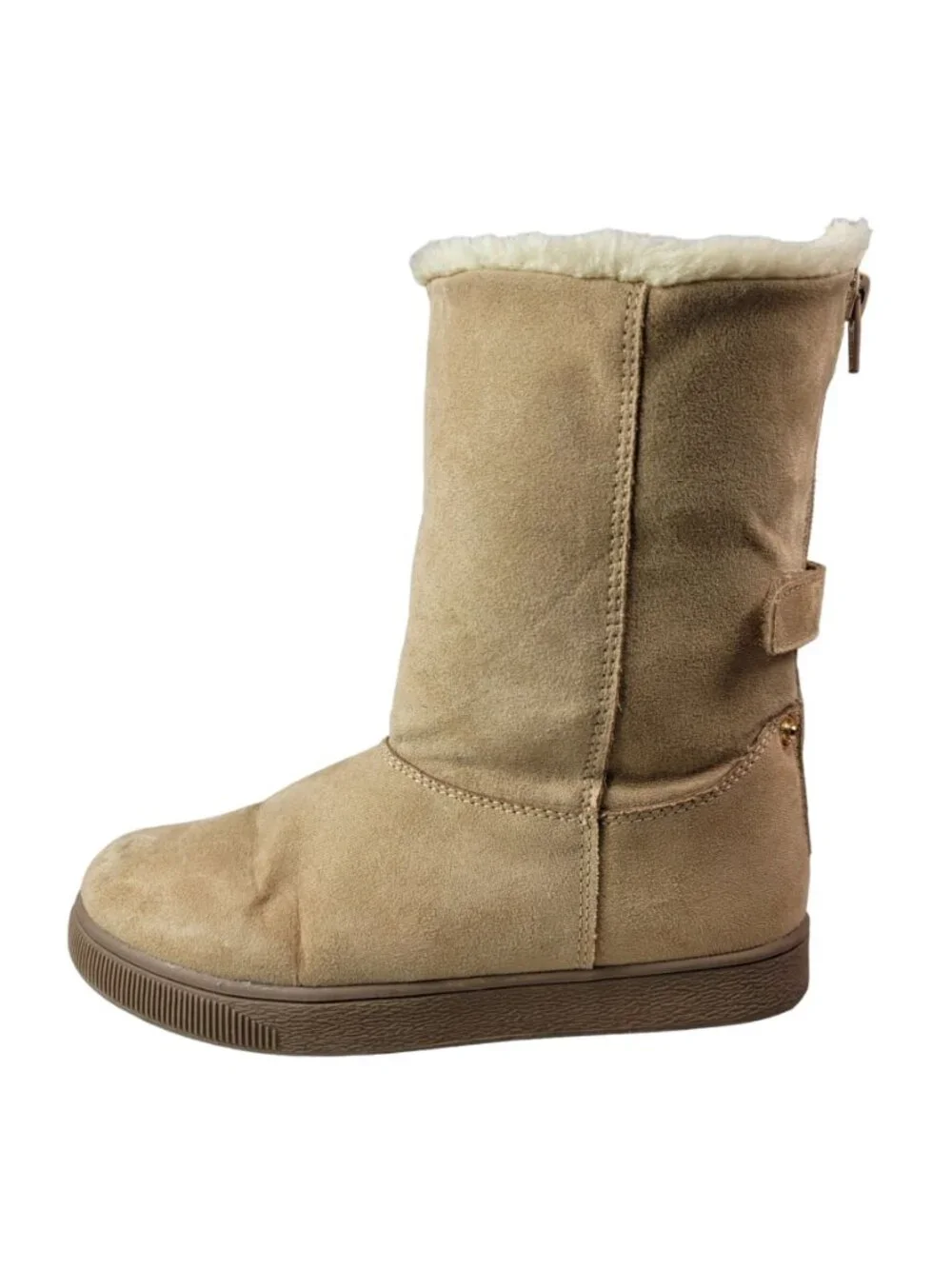 Cat & Jack Girls Fold Down Boots Tan SZ 2 Zip Snap Round Toe Faux Fur Faux Suede
